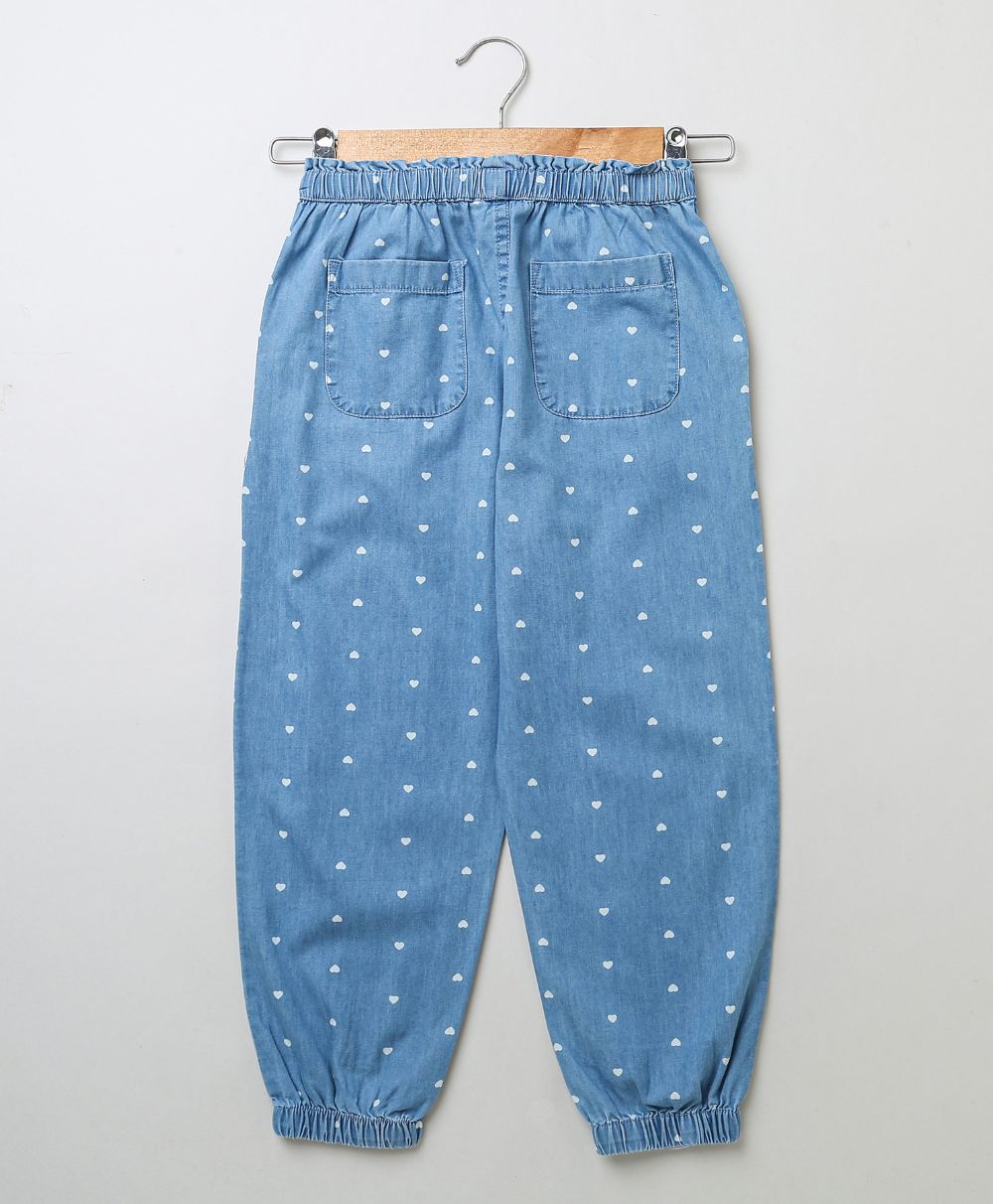Cotton Denim Heart Printed Pants - Blue