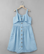 Frill Denim Dress with Pockets - Blue