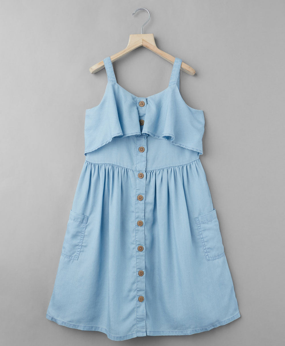 Frill Denim Dress with Pockets - Blue
