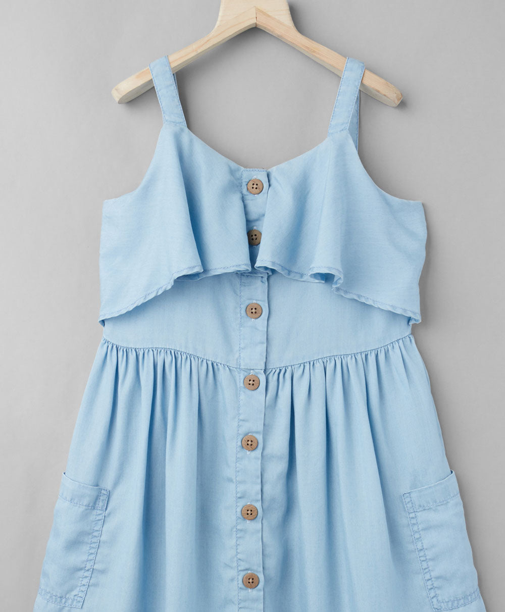 Frill Denim Dress with Pockets - Blue
