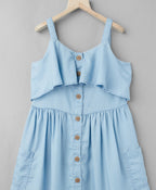 Frill Denim Dress with Pockets - Blue