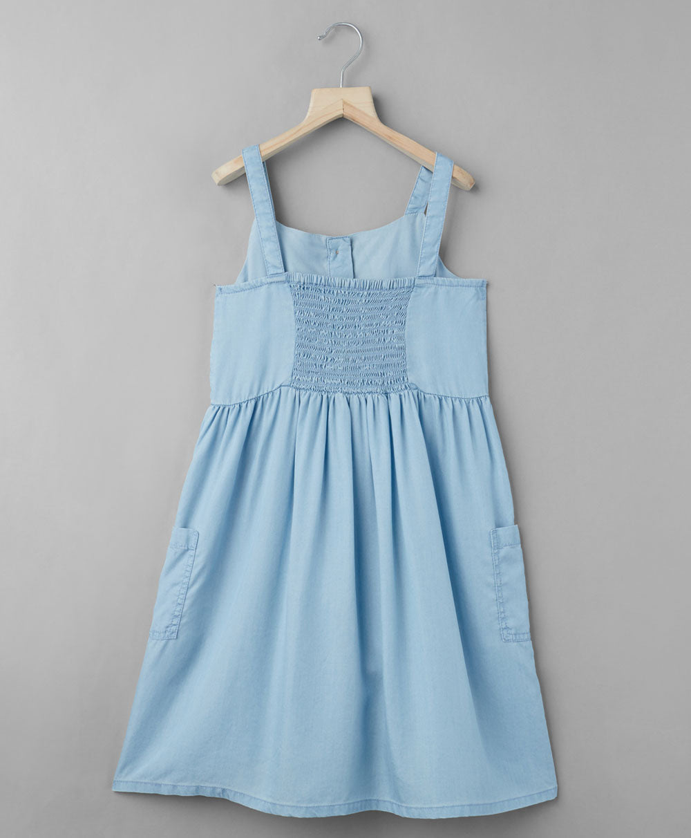 Frill Denim Dress with Pockets - Blue