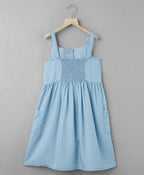 Frill Denim Dress with Pockets - Blue