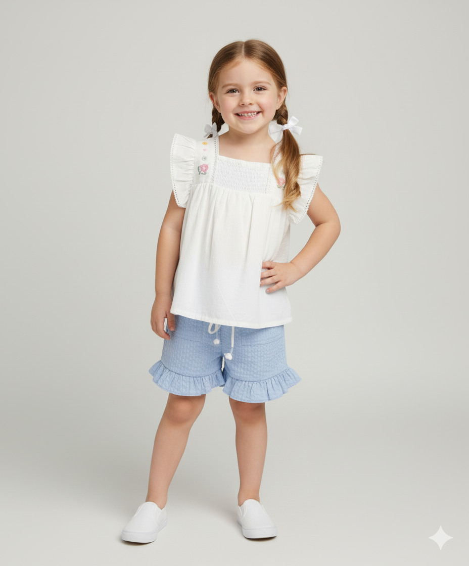 Girls Sunshine Garden Ruffle Cotton Co-ord Set - White & Blue