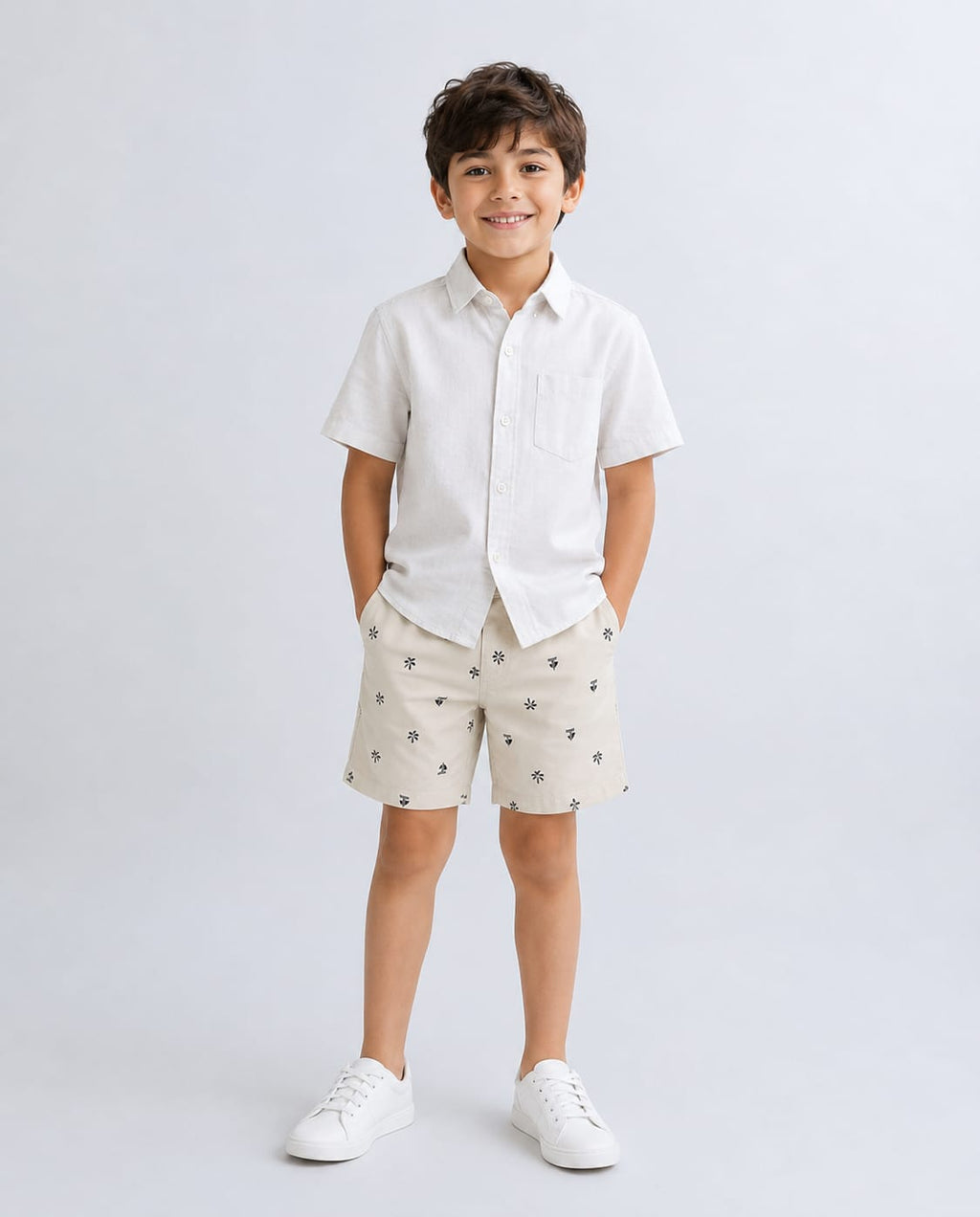 Palm Leaves Printed Cotton Poplin Shorts - Beige