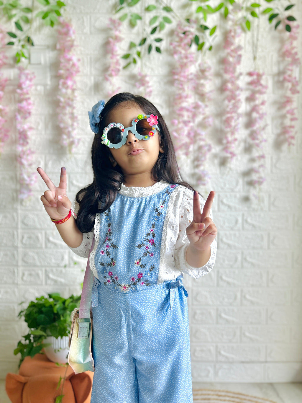 Polka Dot and Floral Embroidery Playsuit with a White Schiffley All-over Embroidery Top - Blue & White