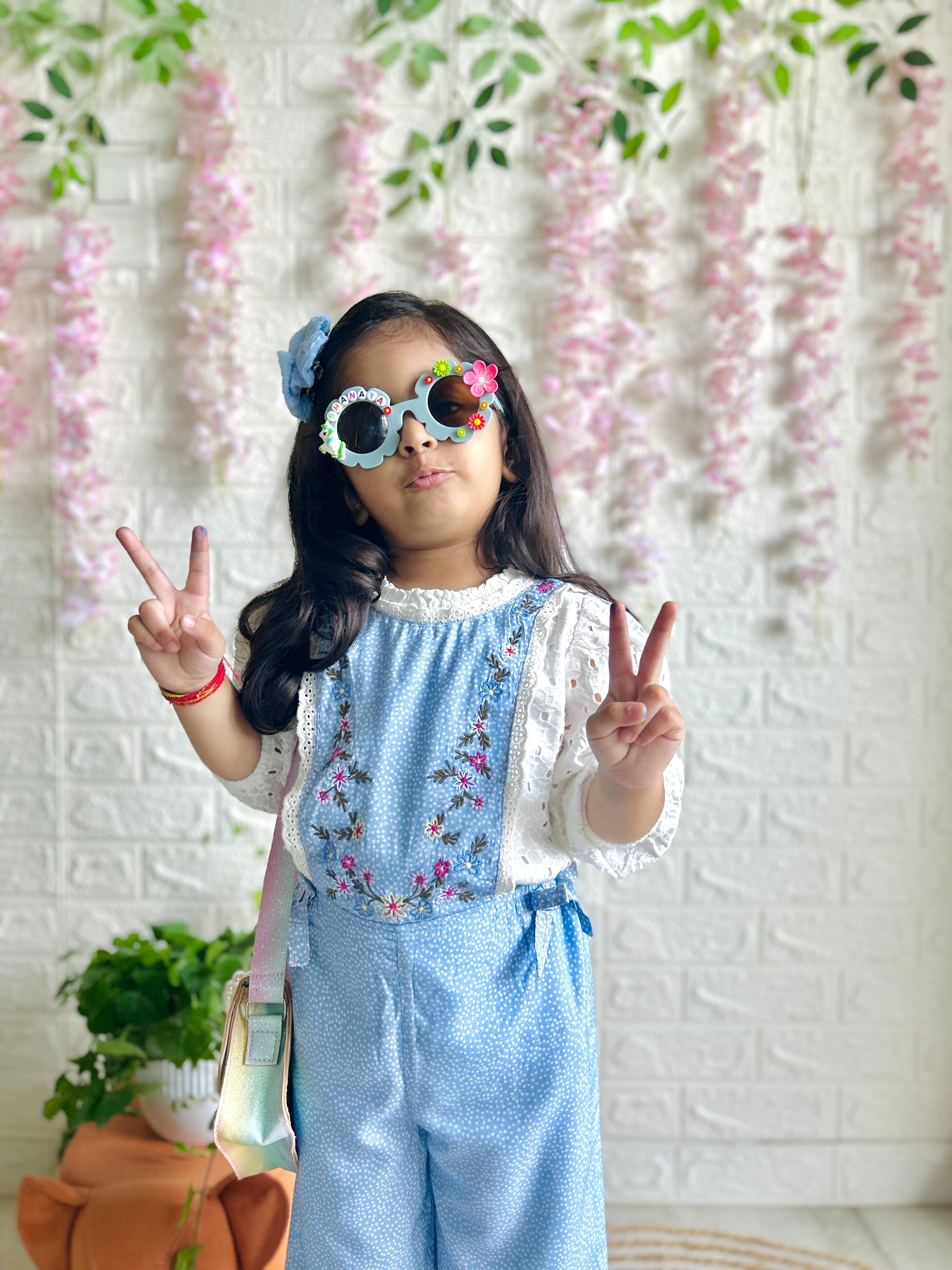 Polka Dot and Floral Embroidery Playsuit with a White Schiffley All-over Embroidery Top - Blue & White