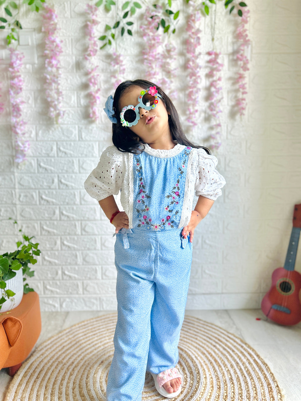 Polka Dot and Floral Embroidery Playsuit with a White Schiffley All-over Embroidery Top - Blue & White