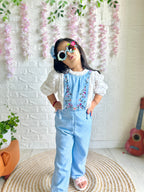 Polka Dot and Floral Embroidery Playsuit with a White Schiffley All-over Embroidery Top - Blue & White