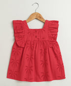 Palm Breeze Eyelet Co-ord Set - Bright Red