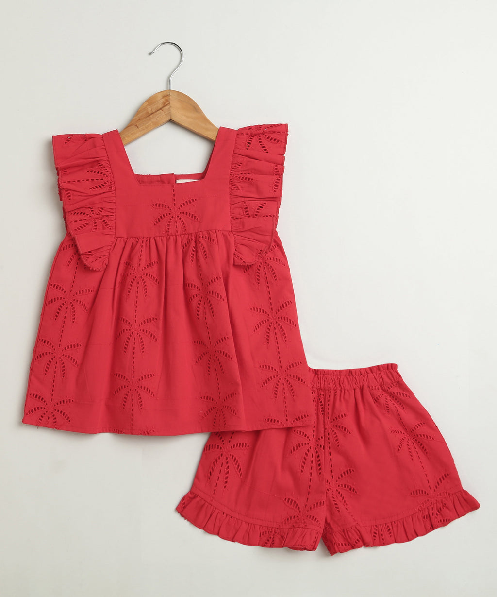 Palm Breeze Eyelet Co-ord Set - Bright Red