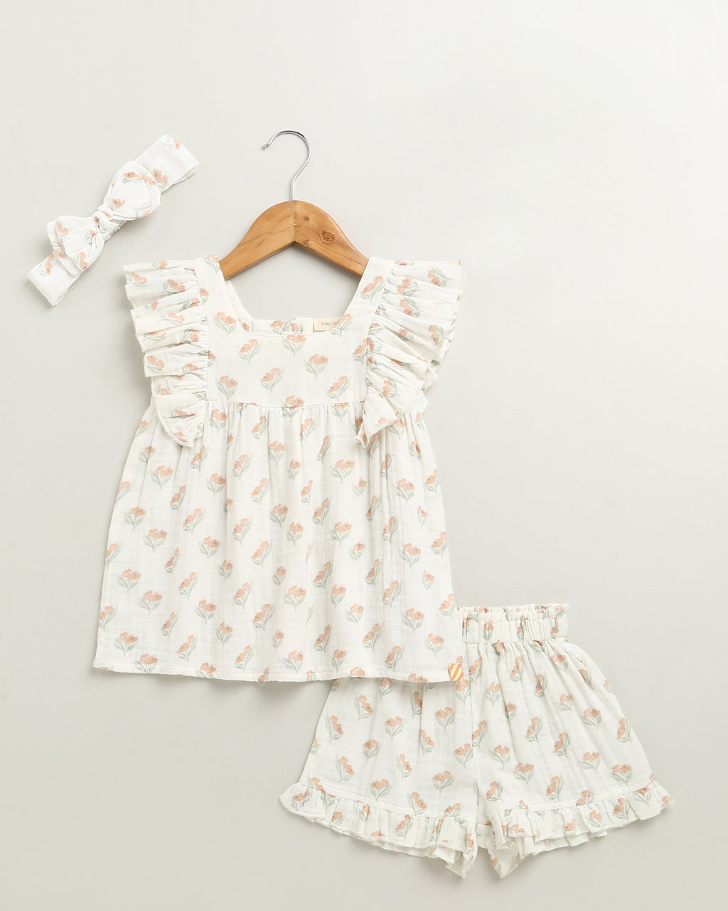 Blossom Breeze Organic Cotton Summer Co-ord White Set with a Hairband - White