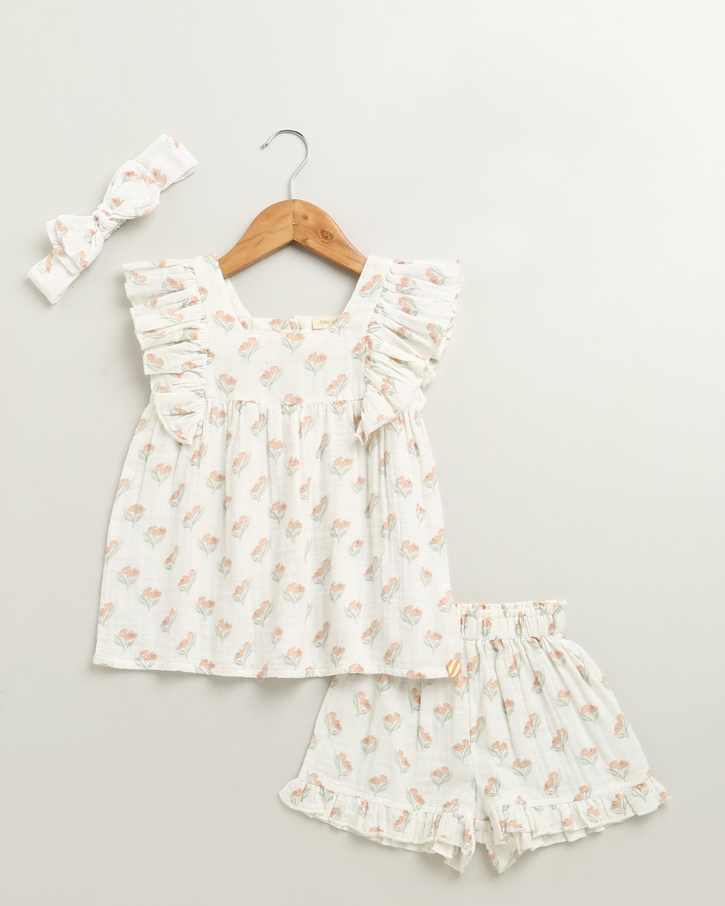 Blossom Breeze Organic Cotton Summer Co-ord White Set with a Hairband - White