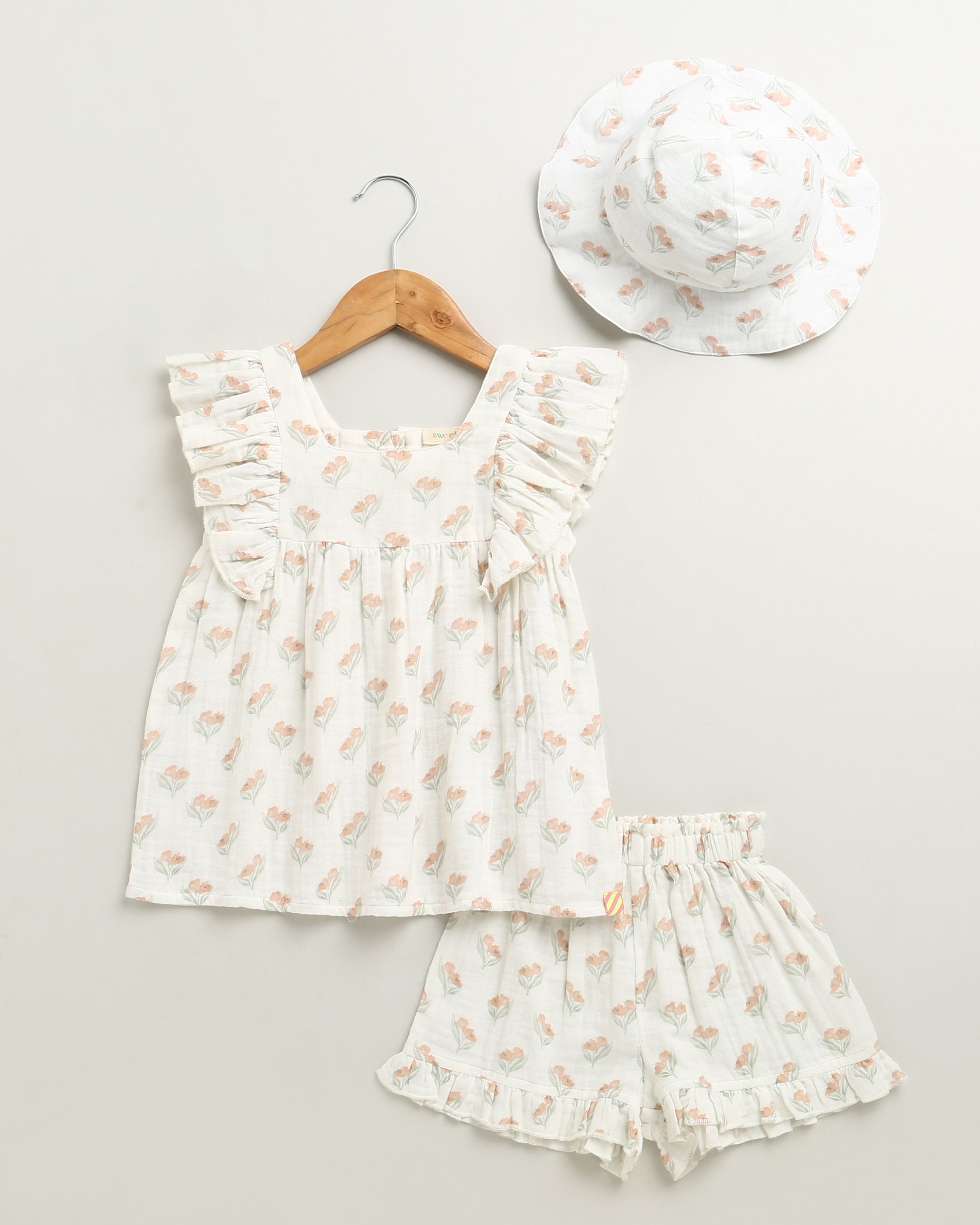 Blossom Breeze Organic Cotton Summer Co-ord White Set With A Hat - White