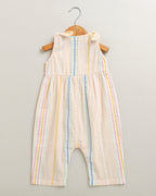 Baby Girls' Striped Cotton Romper with Hairband - Multicoloured