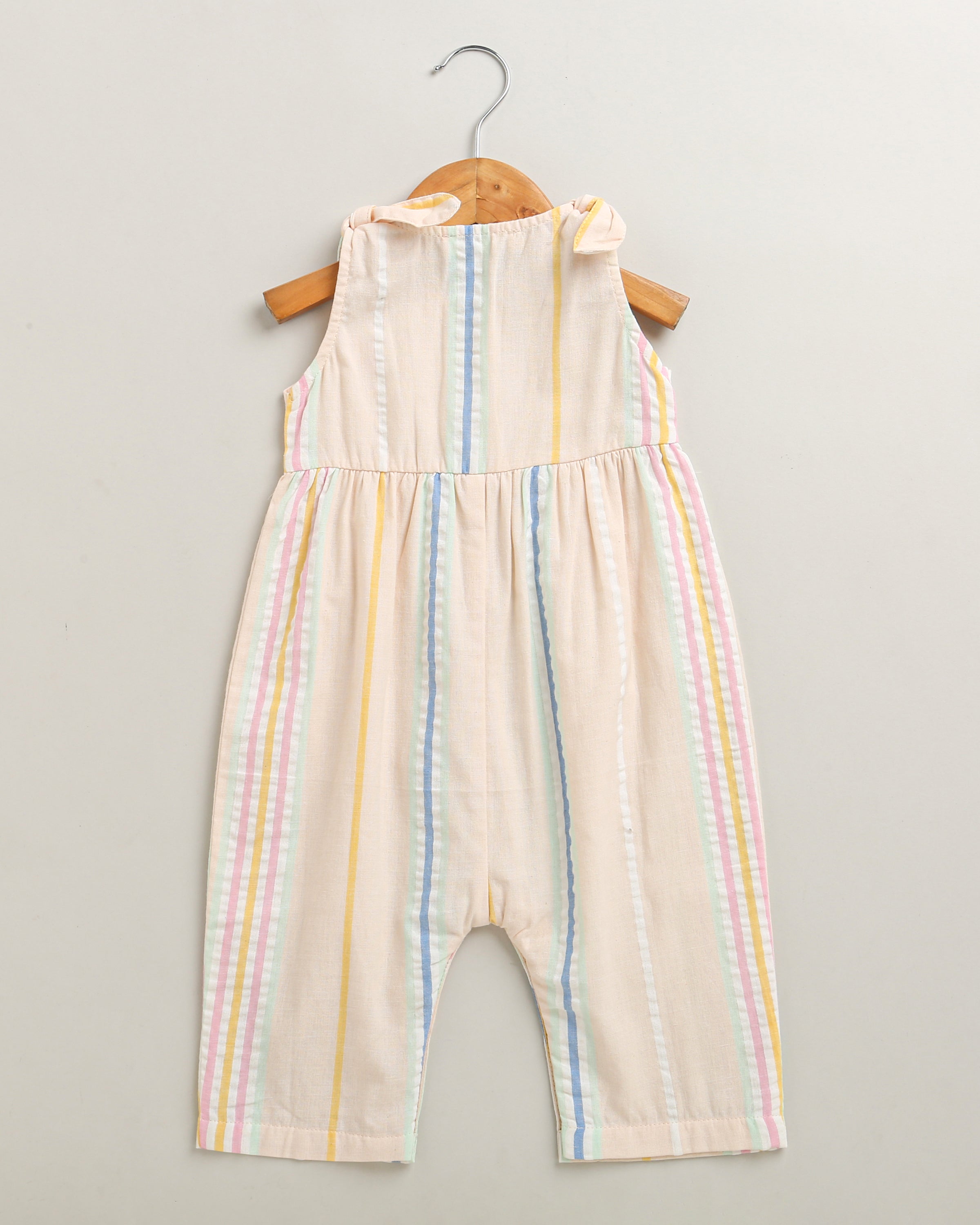 Baby Girls' Striped Cotton Romper with Hairband - Multicoloured