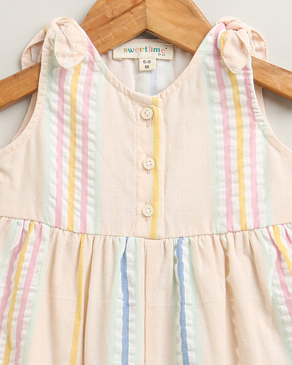 Baby Girls' Striped Cotton Romper with Hairband - Multicoloured