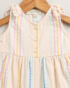 Baby Girls' Striped Cotton Romper with Hairband - Multicoloured