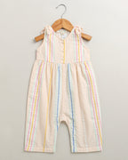 Baby Girls' Striped Cotton Romper with Hairband - Multicoloured