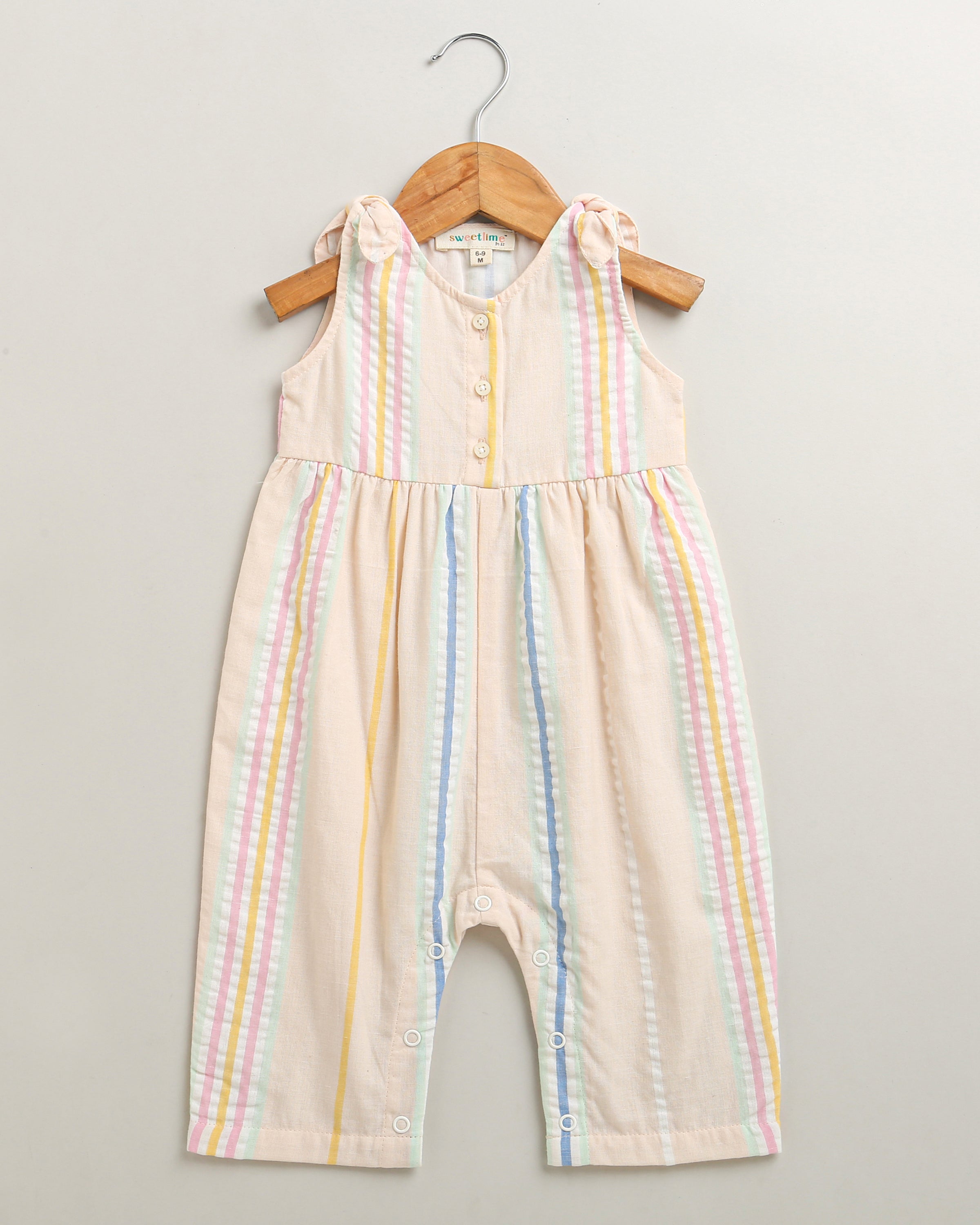 Baby Girls' Striped Cotton Romper with Hairband - Multicoloured