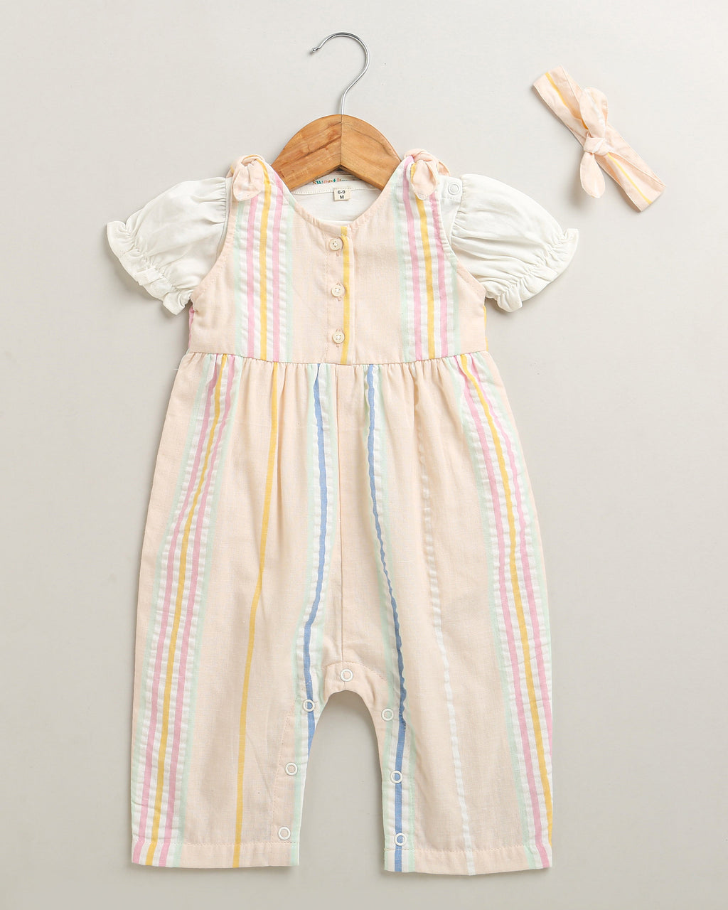 Baby Girls' Striped Cotton Romper with Hairband - Multicoloured