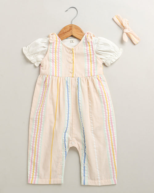 Baby Girls' Striped Cotton Romper with Hairband - Multicoloured