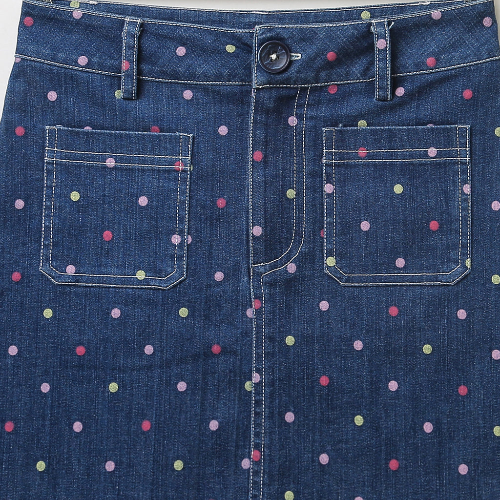 Multicolored Polka Dot Printed A line Skirt with Front Pocket - Blue