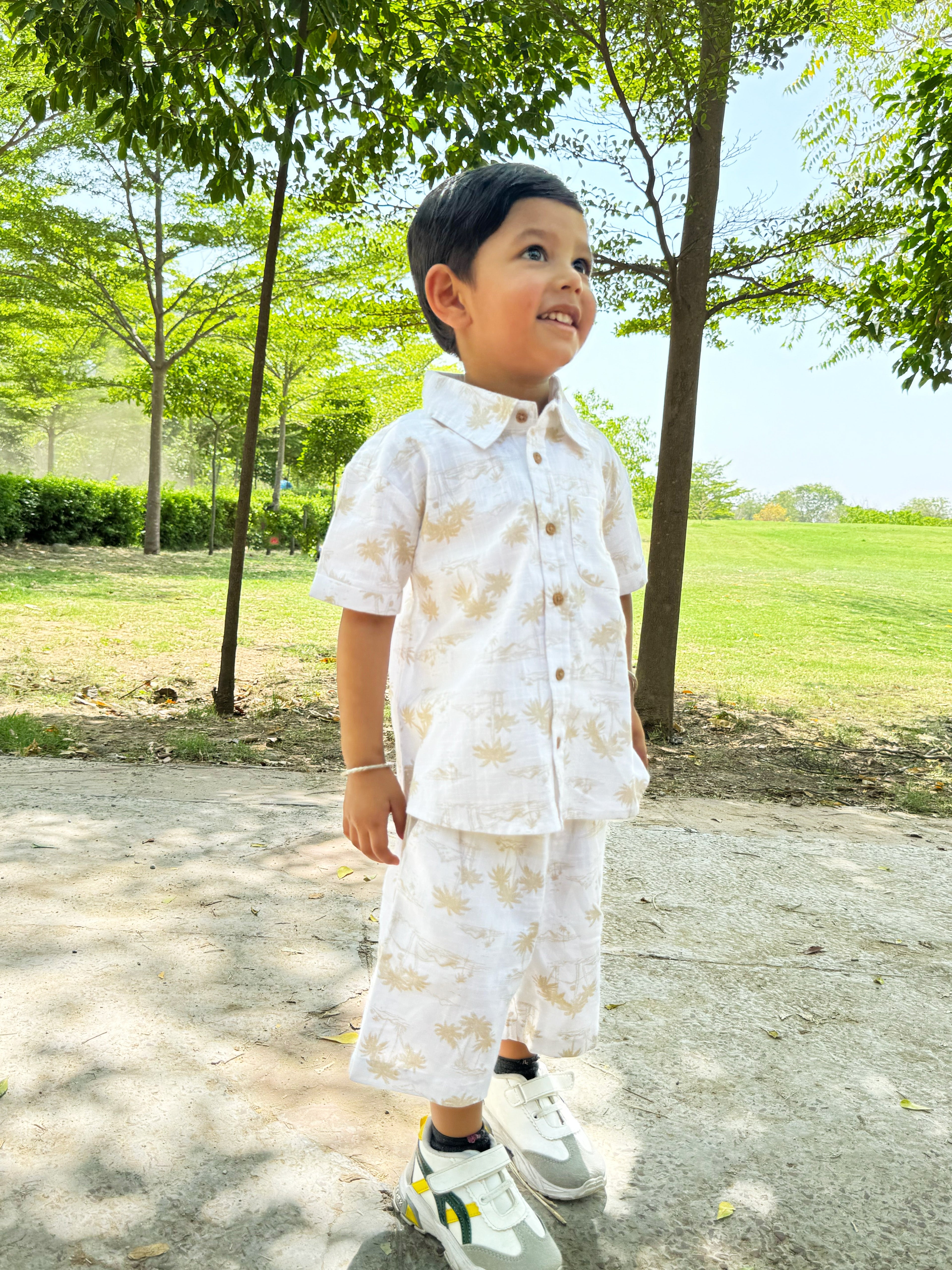 Palm Tree Printed Cotton Linen Co-ord Set - White