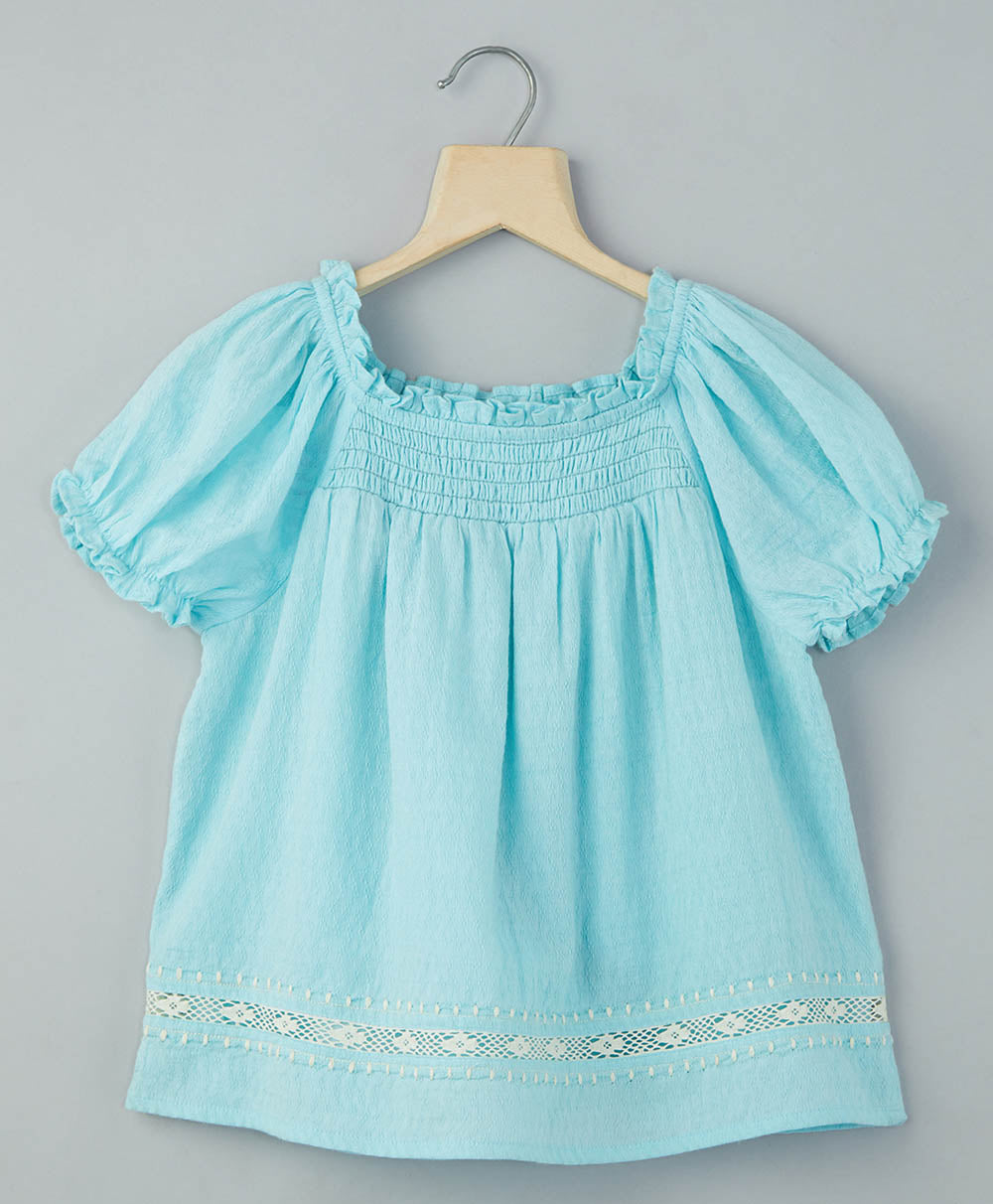 Organic Cotton Dobby with White Embroidery Top - Blue