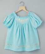 Organic Cotton Dobby with White Embroidery Top - Blue