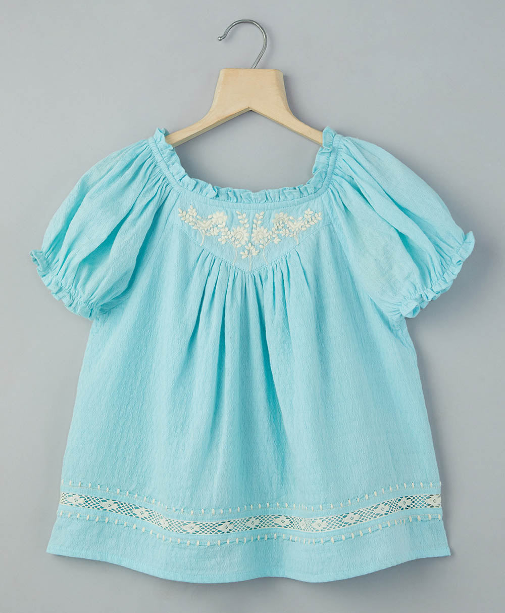 Organic Cotton Dobby with White Embroidery Top - Blue