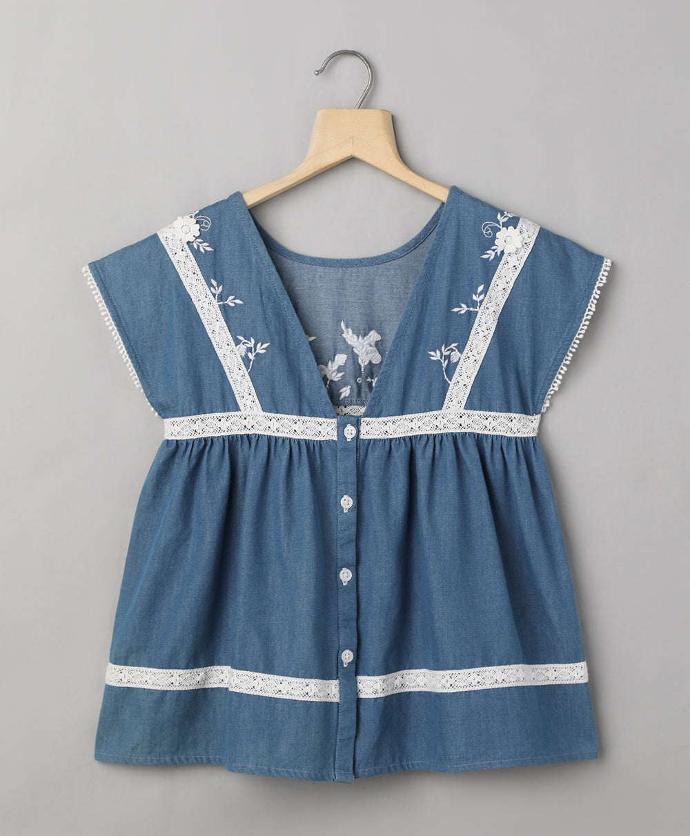 Flower Patch Denim Top - Blue