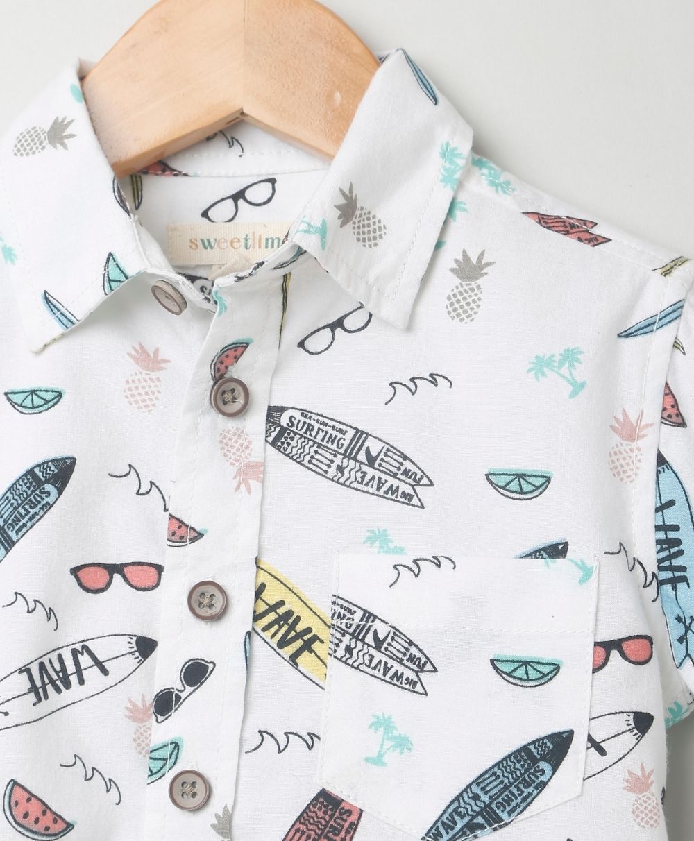 Surf Board Print Organic Cotton Shirt - White