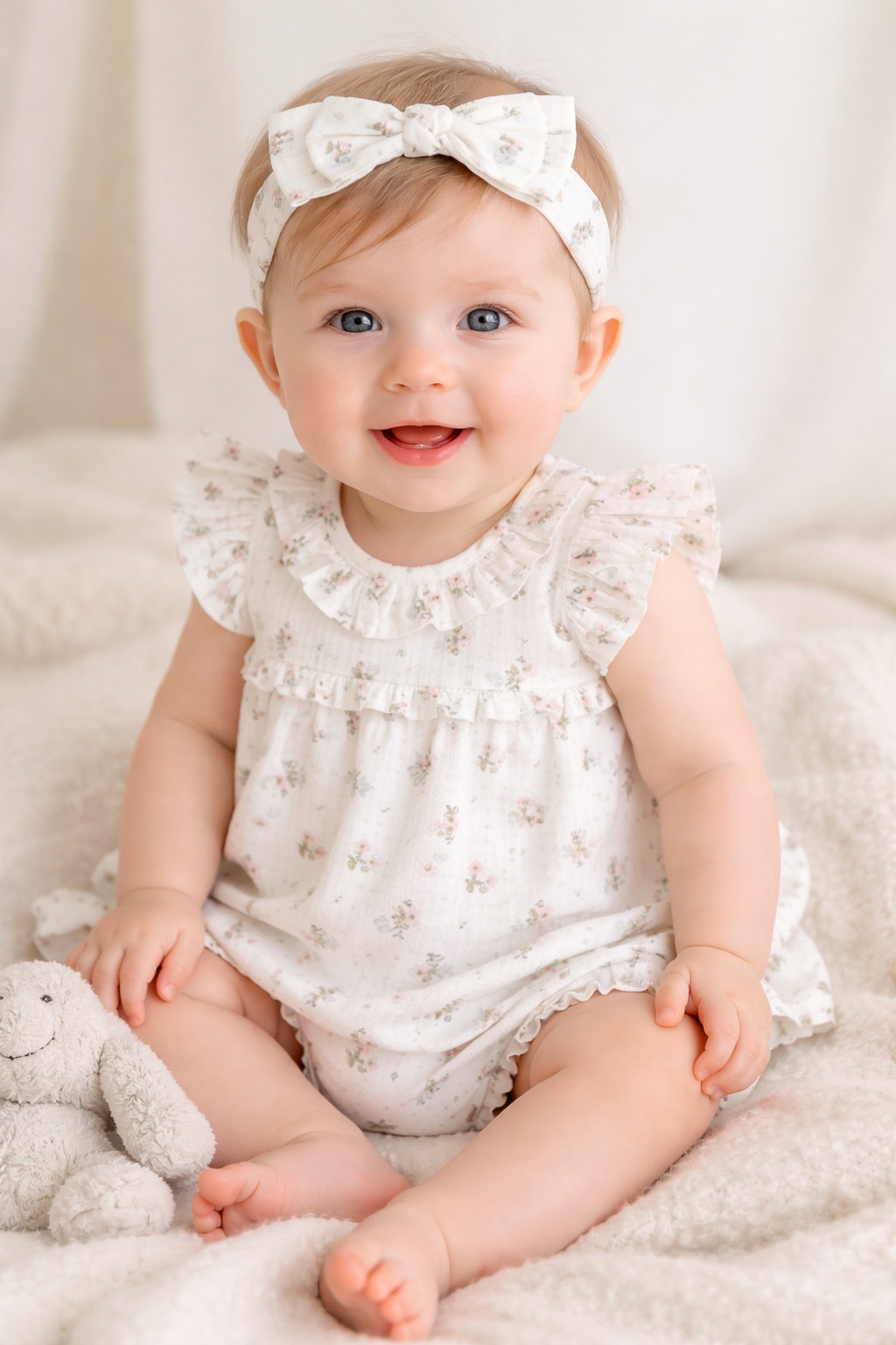 Sweetlme By AS Sweet Blossom Ruffle Organic Cotton Dress & Bloomer Set with Hairband - Off White