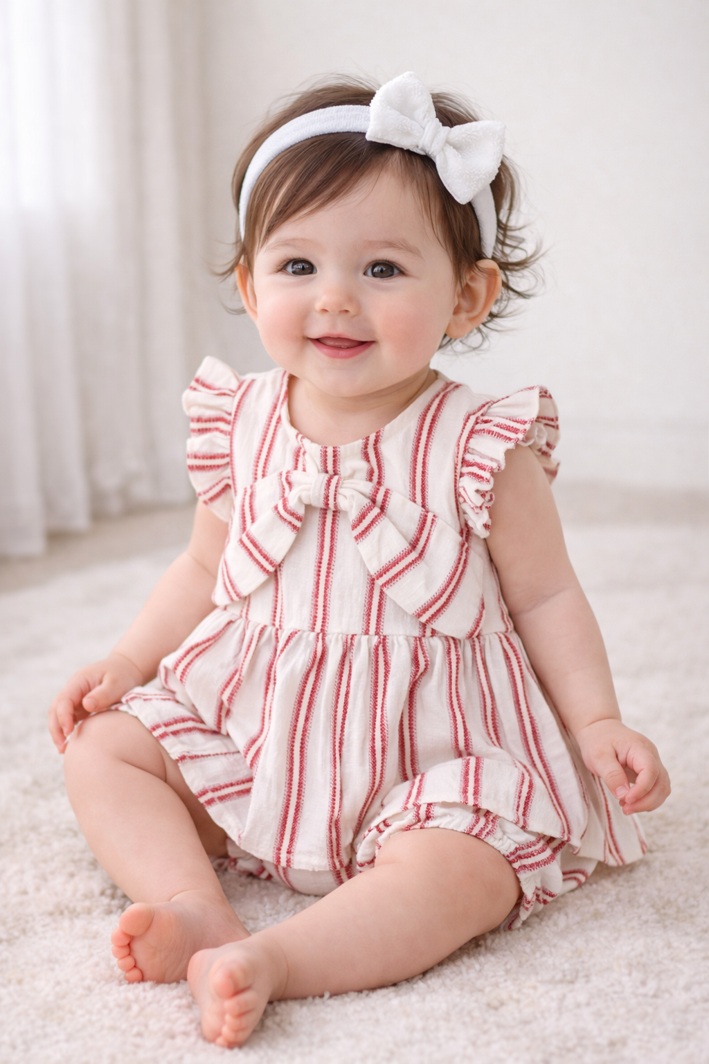 Pink Striped Organic Cotton Dobby Dress & Bloomer Co-ord Set - Off-White
