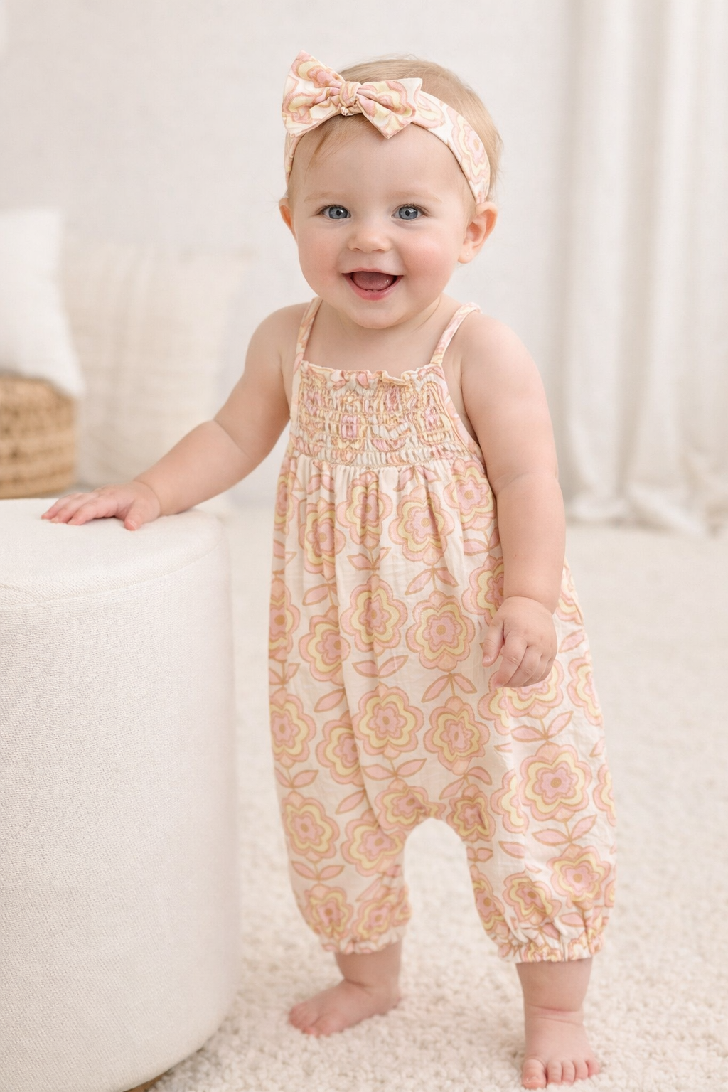 Groovy Bloom Smocked Cotton Romper & Hairband Co-ord Set - Beige