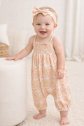 Groovy Bloom Smocked Cotton Romper & Hairband Co-ord Set - Beige