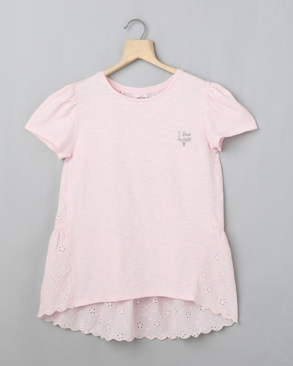 Slub Jersey with Schiffli Embroidery Back Organic Cotton Tshirt - Pink