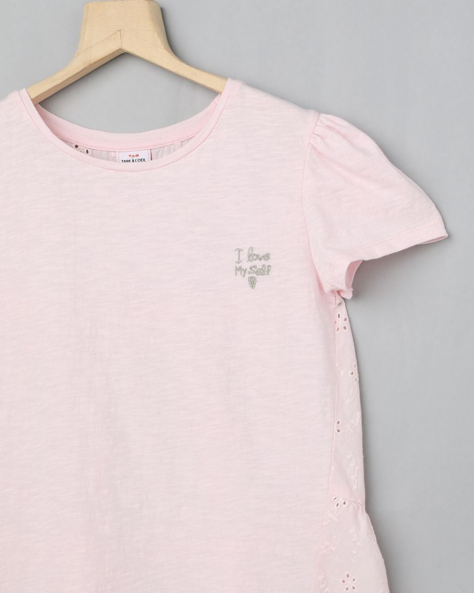 Slub Jersey with Schiffli Embroidery Back Organic Cotton Tshirt - Pink