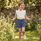 Meadow Breeze: Girls' Ruffled Blouse & Indigo Floral Shorts Set