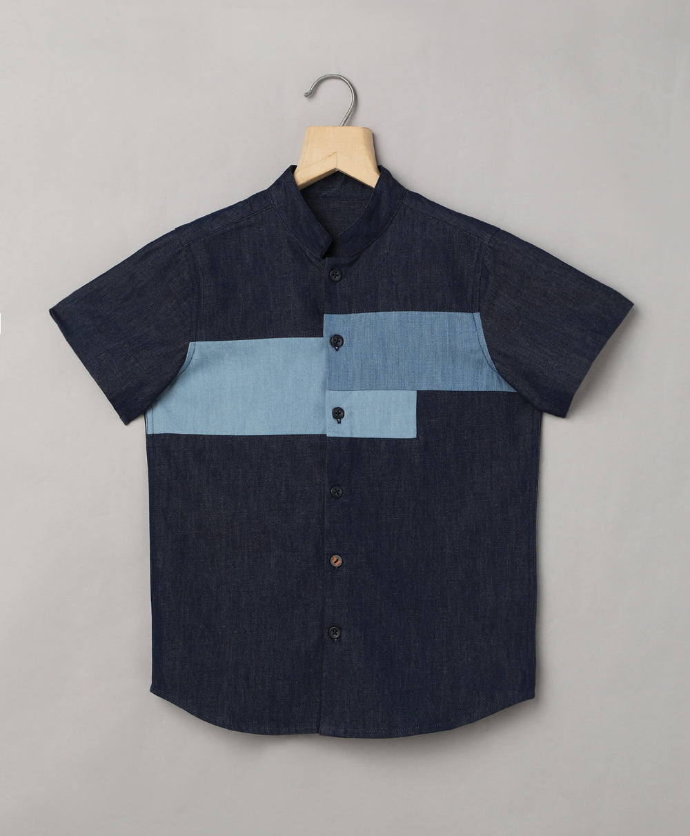 Denim Colour Blocked Short Sleeves Cotton Shirt - Blue