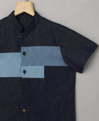 Denim Colour Blocked Short Sleeves Cotton Shirt - Blue