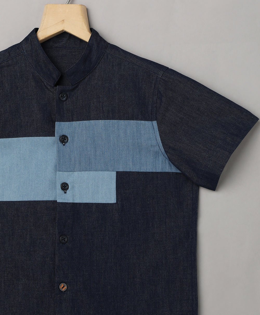 Denim Colour Blocked Short Sleeves Cotton Shirt - Blue