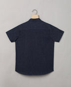Denim Colour Blocked Short Sleeves Cotton Shirt - Blue
