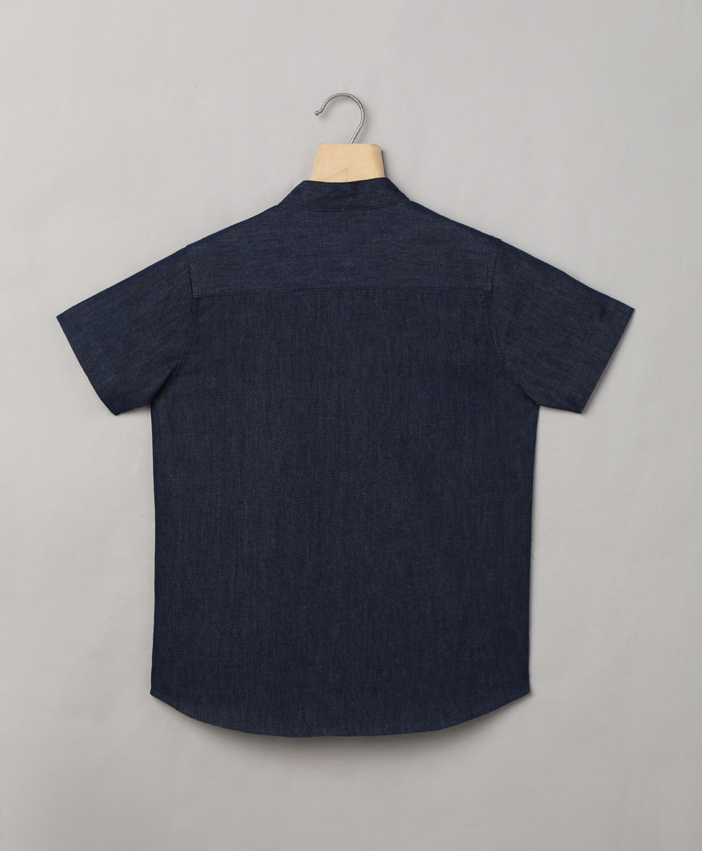 Denim Colour Blocked Short Sleeves Cotton Shirt - Blue