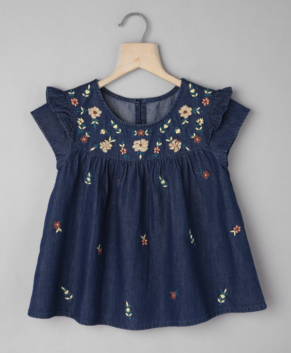 Denim Top with Floral Embroidery at Yoke - Navy