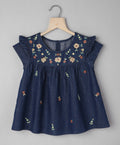Denim Top with Floral Embroidery at Yoke - Navy