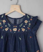 Denim Top with Floral Embroidery at Yoke - Navy