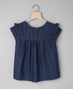 Denim Top with Floral Embroidery at Yoke - Navy
