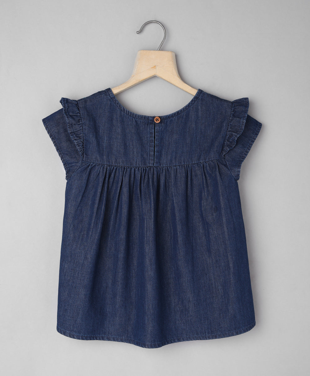 Denim Top with Floral Embroidery at Yoke - Navy